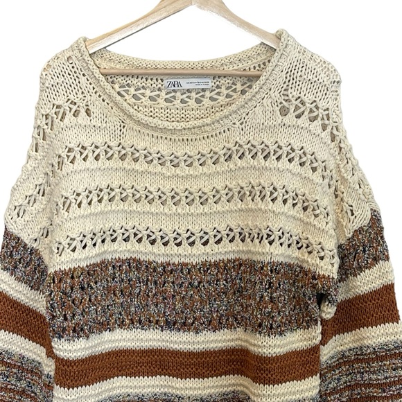 Zara Oversized Crochet Open Knit Pullover Striped Sweater Size XS S Boho Beach - Picture 5 of 16
